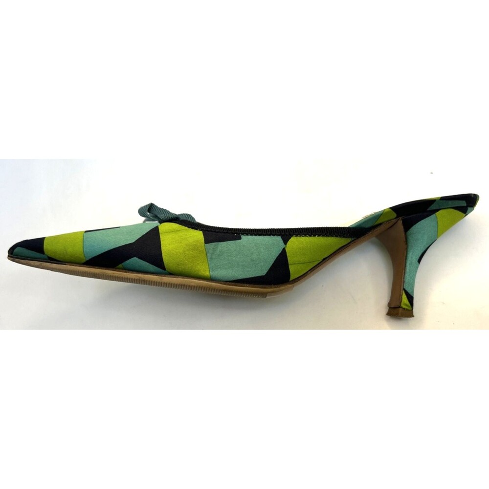 VTG Prada Mules Sz 35.5 Satin Geometric Blue Green Kitten Heels Bow Accent RARE! - Picture 11 of 15